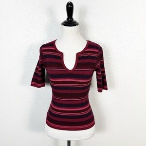 Vintage Y2K La Belle Women's Size Small Ribbed Knit Striped Short Sleeve Top